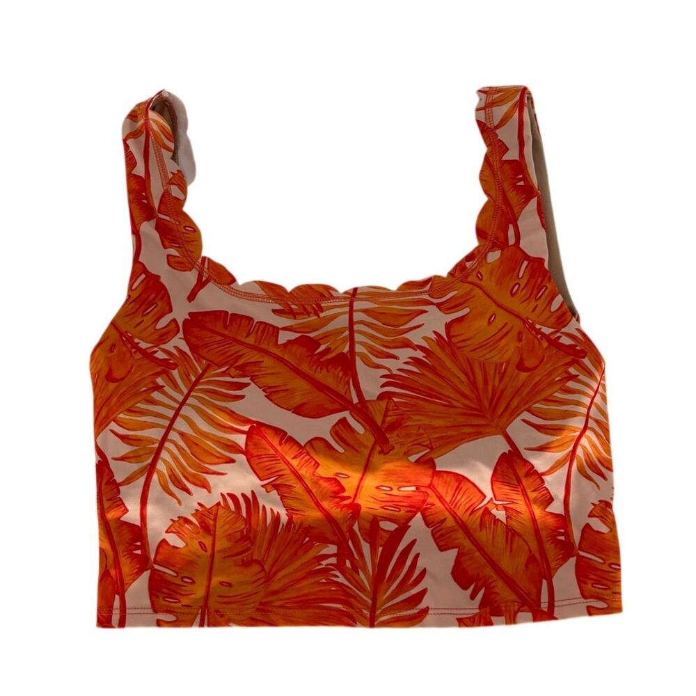 Kortni Jeane Orange Palm Leaf Tank Midkini Top, Size M, Scallop Trim